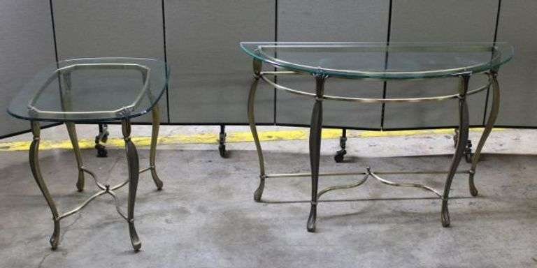 Two Glass-Top Tables with Metal Bases, Including Demilune and Square Designs