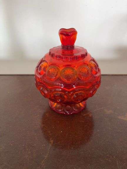 LE Smith Moon & Stars Amberina Glass Footed Compote Candy Dish w/ lid GLOWS