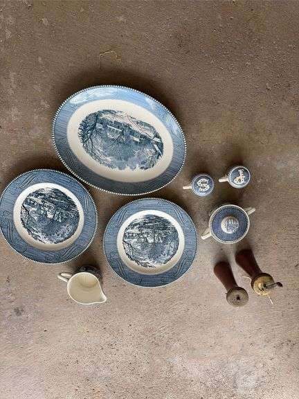 Currier & Ives plates, platter and mugs