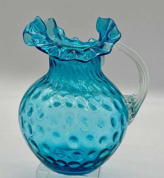 Vintage Blue Coin Dot Glass Pitcher with Ruffled Rim
