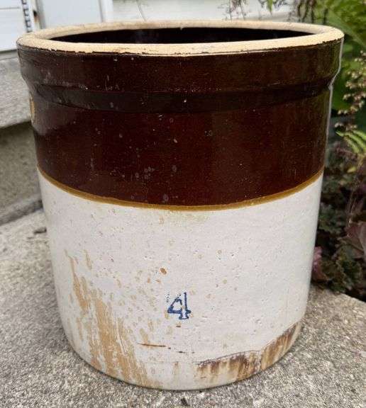 Vintage Two-Tone Stoneware Crock with Brown Glaze and Number ‘4’ Marking