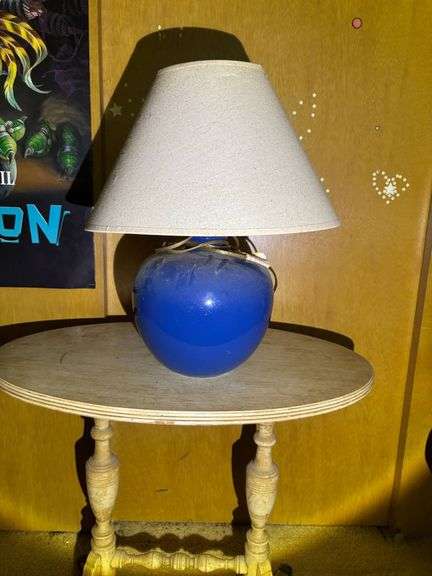 Blue Ceramic Table Lamp with Beige Fabric Shade
