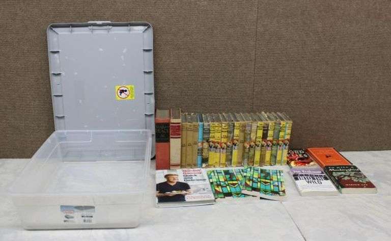 Books Including Hardy Boys Series, Literary Classics, and a Sterilite Storage Bin