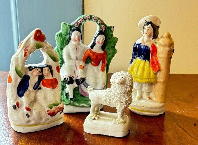 Four Antique Hand-Painted Ceramic Figurines, Including Figures and a Lamb