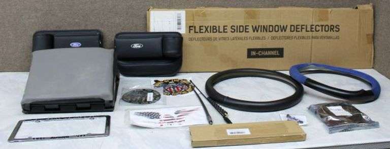 Ford Accessories Lot Including Armrests, Seat Components, Window Deflectors, and Decorative Items