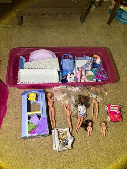 Barbie Doll Collection with Accessories in Plastic Bin