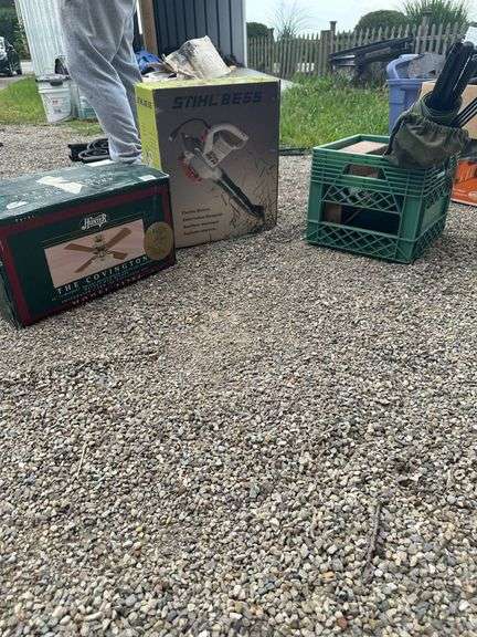 Hunter Ceiling Fan, Stihl Electric Blower, and Miscellaneous Tools in Crate
