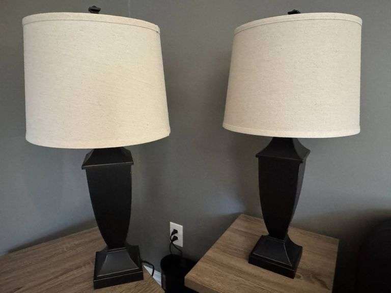 Black Table Lamps with Beige Drum Shades