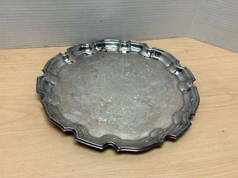 Silver-Tone Round Serving Tray with Etched Scroll Design – 12-3/16" Diameter