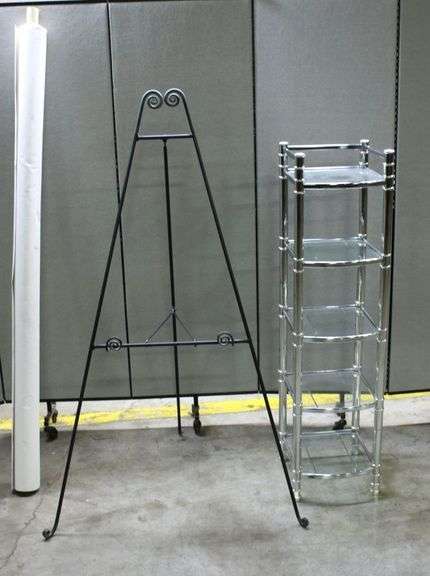 Metal Easel, Glass and Chrome Shelf Unit, and Roll of White Material