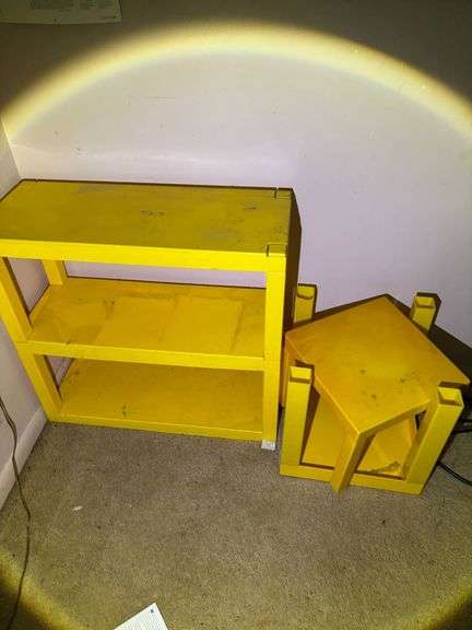 Yellow Painted Wooden Shelving Units and Corner Shelf