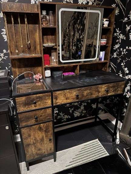 Wood and Metal Vanity Desk with Mirror and Storage