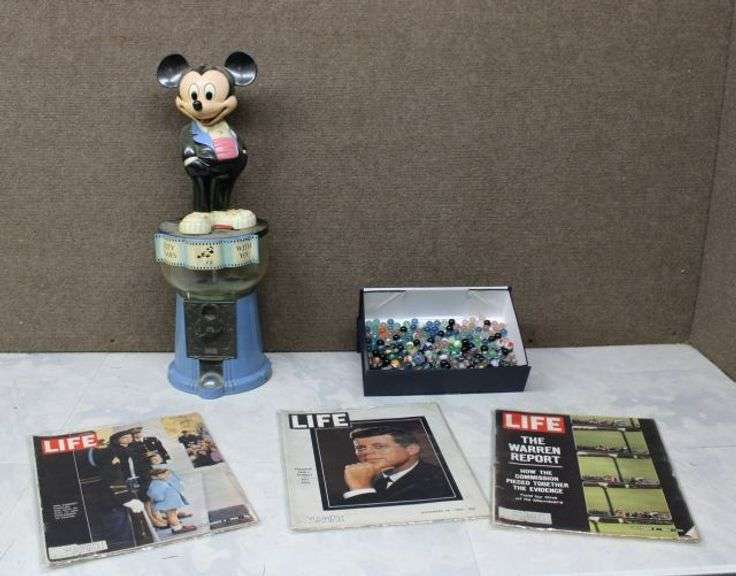 Mickey Mouse Gumball Machine, LIFE Magazines, and Assorted Glass Marbles