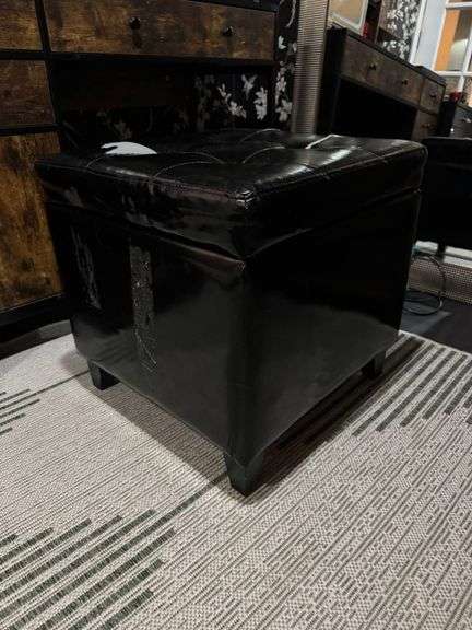 Black Faux Leather Storage Ottoman with Hinged Lid