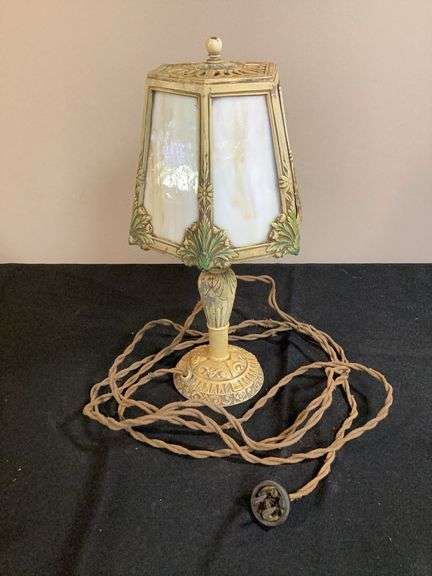 Antique Slag Glass & Cast Metal Table Lamp