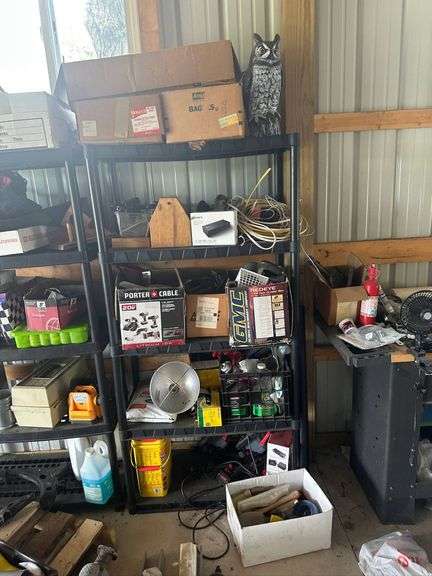 Metal Storage Shelf With Contents, Including Tools and Supplies