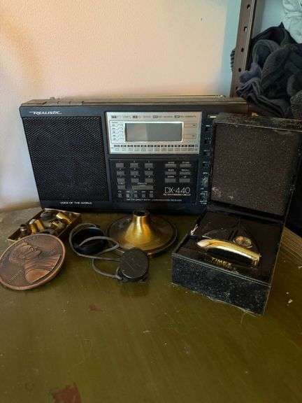 Realistic DX-440 Shortwave Radio, Copper Lincoln Plaque, and Time X Desk Clock in Box