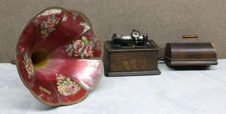 Edison Cylinder Phonograph with Babson Bros. Painted Horn and Original Wooden Lid