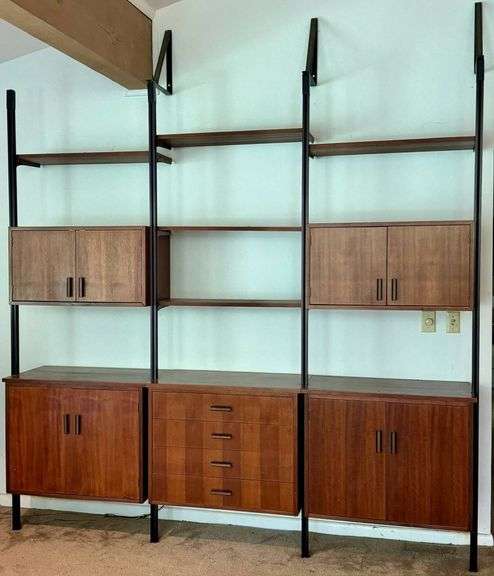 Mid-Century Modern Style Wall-Mounted Shelving Unit with Cabinets and Drawers