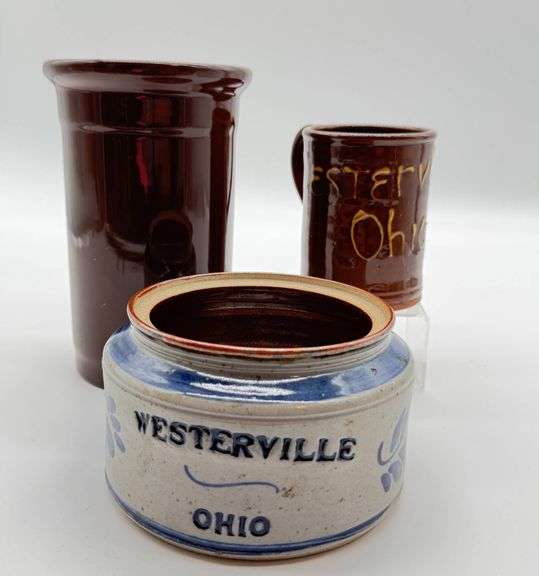 Three Stoneware Pottery  Items Including Westerville Ohio Stoneware Jar and Brown Glazed Pieces