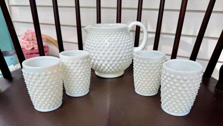 Fenton White Hobnail Milk Glass Pitcher and Tumblers Set