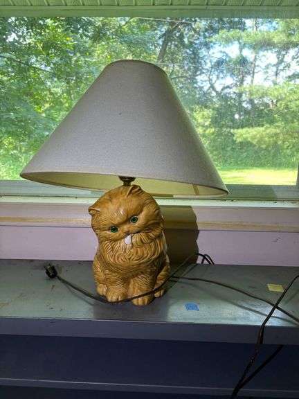 Table Lamp Featuring Ceramic Cat Base and Tapered Shade