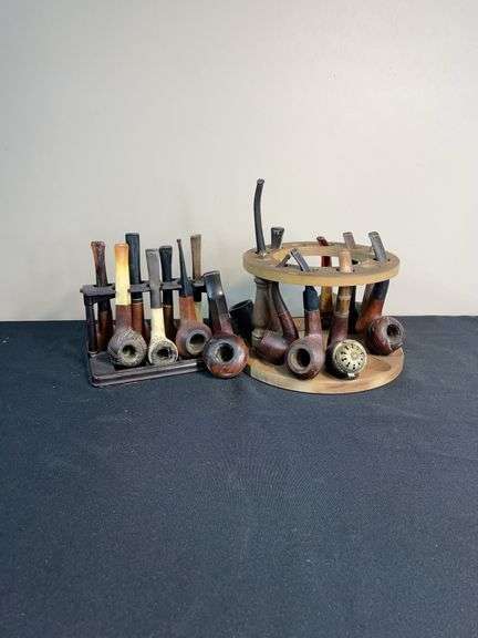Vintage Estate Tobacco Pipe Collection with Two Wooden Racks