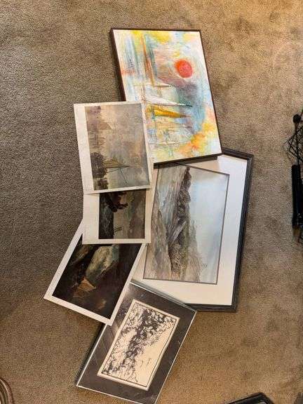 Framed and Unframed Artworks Including Landscapes, Marine Scenes, and Abstract Composition