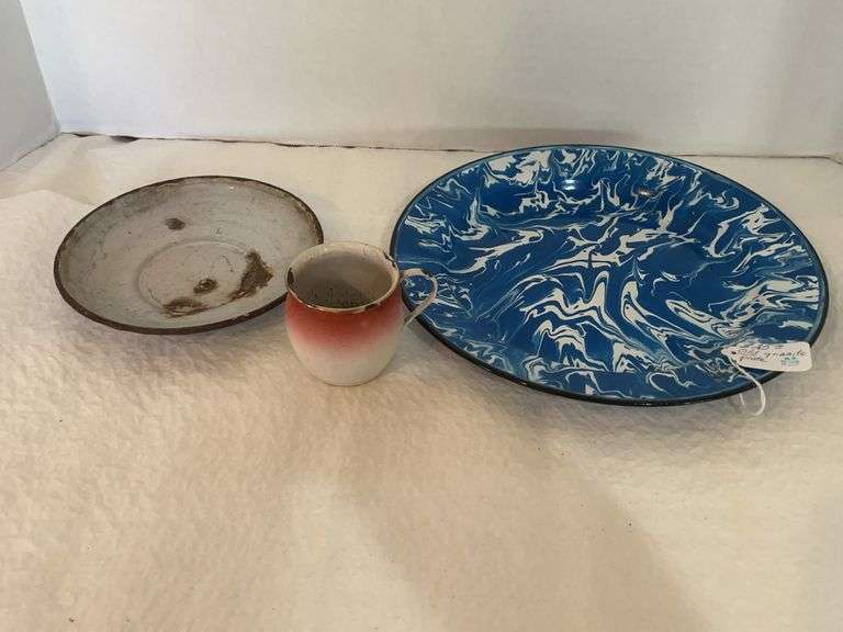 Antique Enamel Plates & Cup