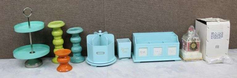 Decorative Home Accessories Including Lighthouse Model, Organizer, and Candle Holders