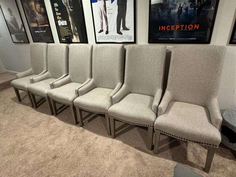 Six High-Back Upholstered Dining Chairs with Nailhead Trim
