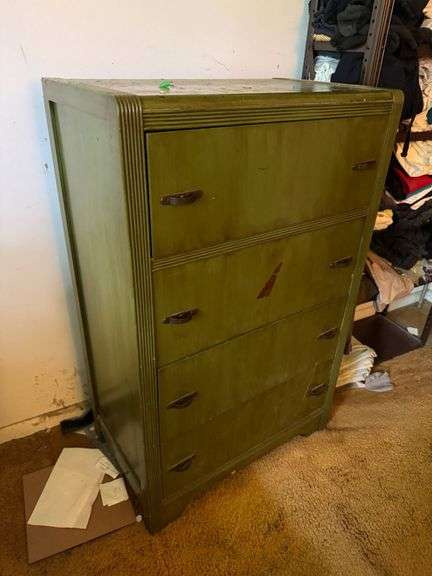 Green Painted Wooden Chest of Drawers with Carved Handles