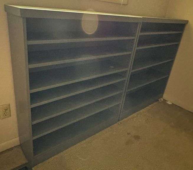 Vintage Gray Metal Shelving Units with Multiple Adjustable Shelves