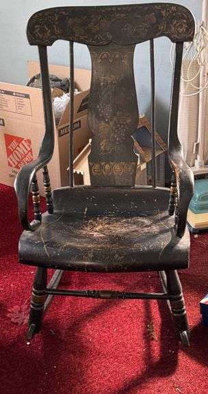 Black Painted Wood Rocking Chair with Stenciled Floral Decoration
