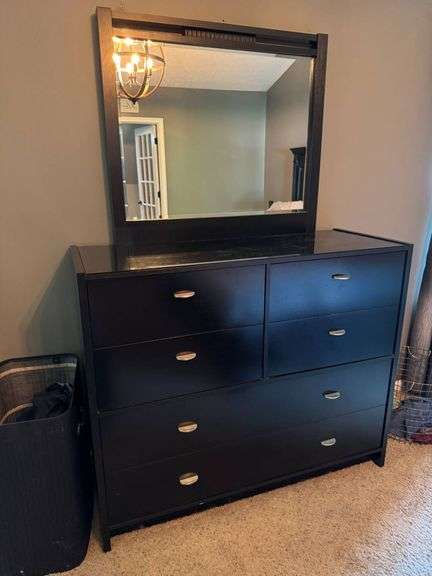 Black Six-Drawer Dresser With Mirror and Silver-Tone Hardware