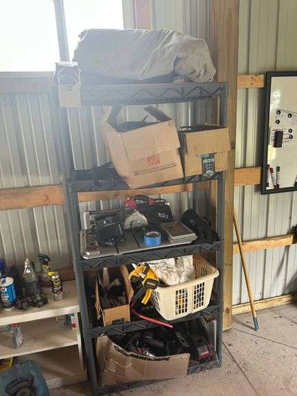 Plastic Utility Shelf with Assorted Tools, Electronics, and Accessories