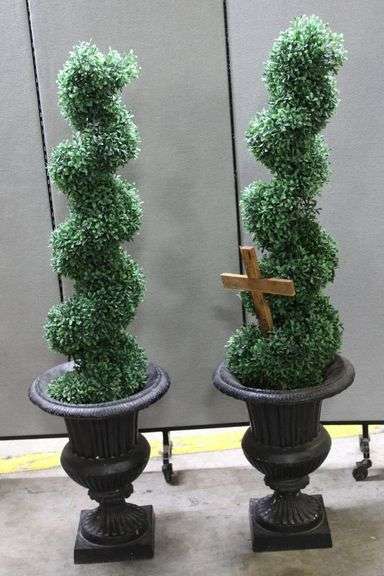 Cast Metal Planters with Artificial Spiral Topiary