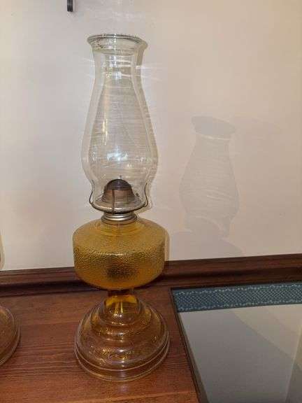 Vtg Amber Glass Oil Lamp