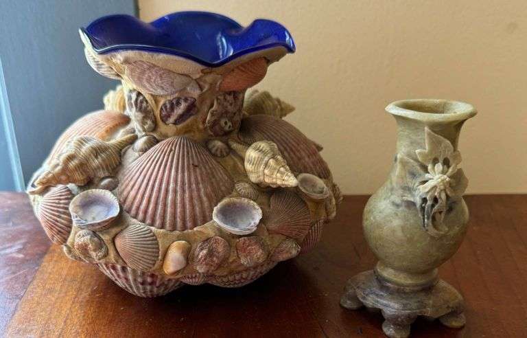 Blue Glass Vase with Seashell Decoration and Carved Soapstone Vase