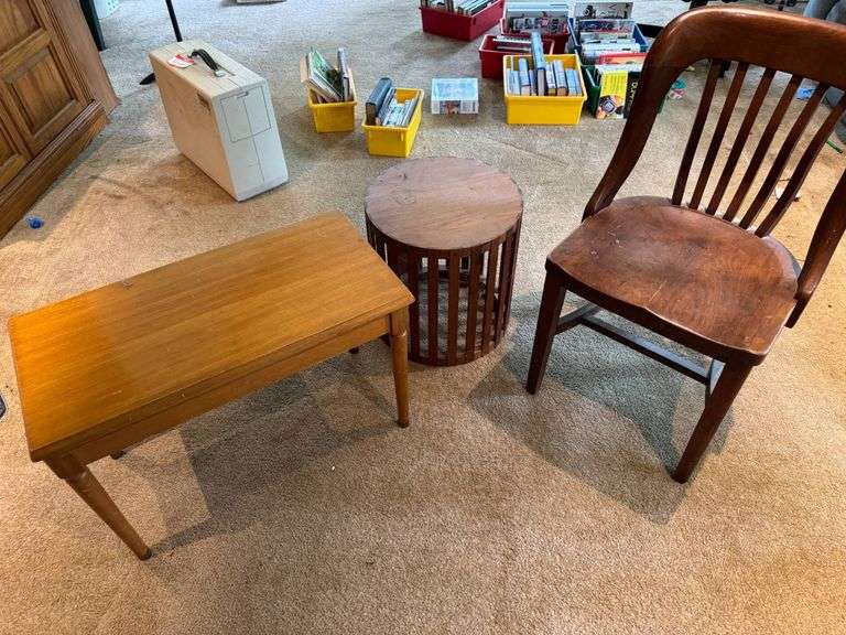 Wooden Chair, Slatted Side Table, and Piano Bench with Hinged Storage