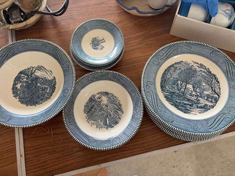 Currier & Ives plates, platter and bowls