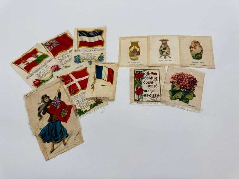 Vintage Cigarette Silk Cards with Flags, Vases, and Floral Motifs