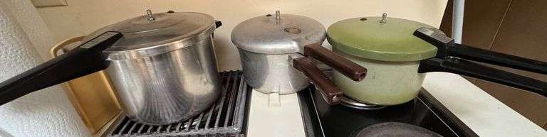 Three Vintage Pressure Cookers: Presto, Sears, Maid of Honor