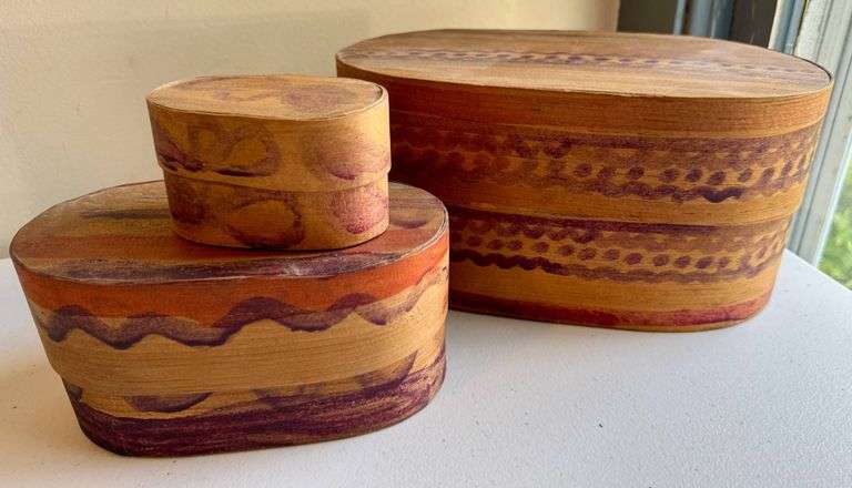 Vintage Hand-Painted Bentwood Storage Boxes, Set of Two