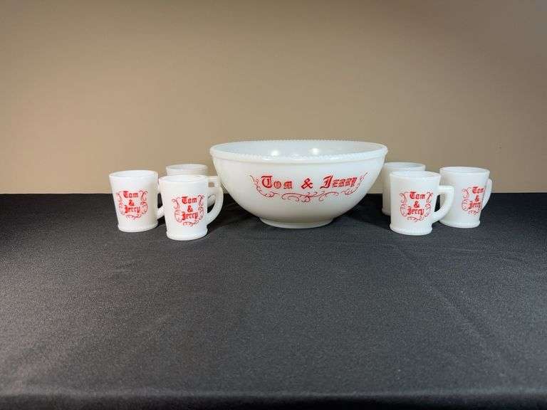 Vintage Tom & Jerry Milk Glass Punch Bowl Set with 6 Mugs – Holiday Eggnog