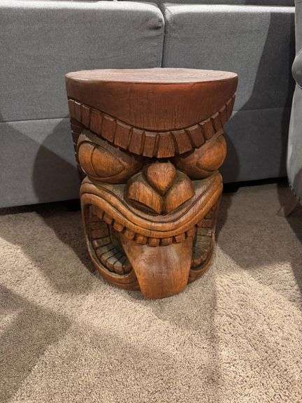 Carved "Wooden" Tiki Stool with Smiling Face Motif (Plastic)