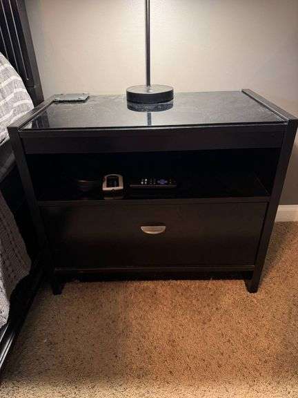 Black Wooden Nightstand With Glass Top and Storage