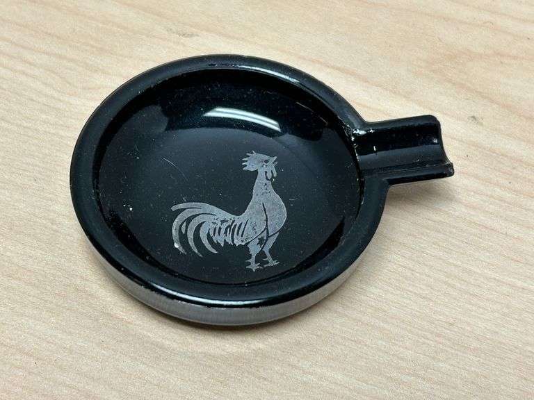 Small Black Glass Ashtray with Etched Rooster – 2-7/8"L
