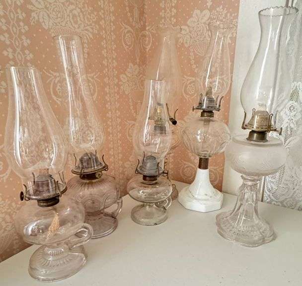 Atterbury Beaded 6 Loop and Fingerling Oil Lamps with Metal Burners and Chimneys