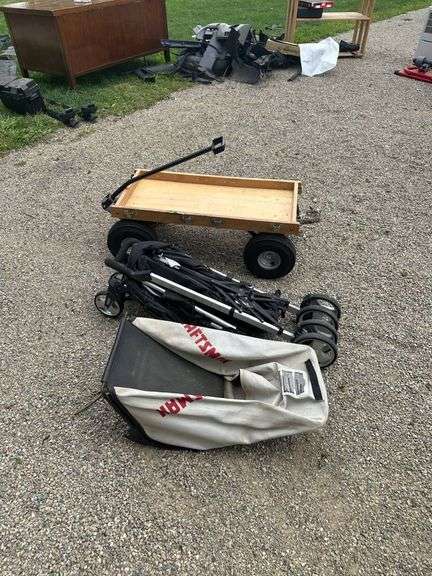 Chicco Umbrella Stroller, Dust Blocker Lawn Mower Bag, and Wooden Utility Wagon
